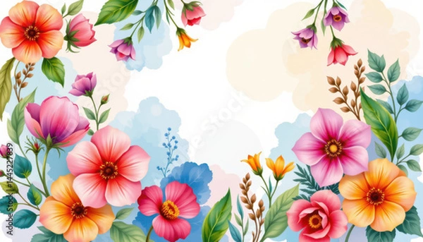 Fototapeta A vibrant watercolor floral border with colorful flowers and green leaves framing a soft, pastel background.