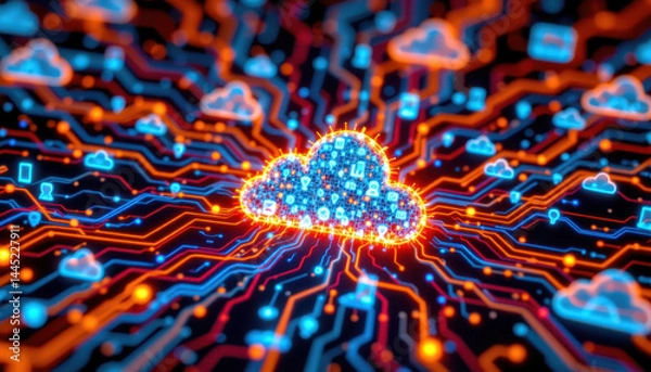 Fototapeta A glowing digital cloud surrounded by circuit lines, symbolizing cloud computing and data connectivity in a futuristic tech environment.