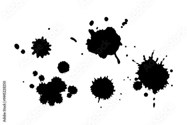 Fototapeta A high-quality vector illustration of various black ink splatters and stains, ideal for grunge-style design, art textures, comic book effects, or creative backgrounds. The splashes come in different s