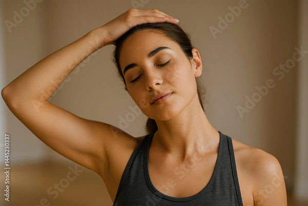 Fototapeta Tranquil Woman Indoors with Eyes Closed Warming Up Neck Capturing Relaxed Yoga Pose in Soft Light for Wellness and Meditation Themes