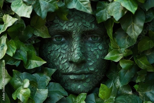 Fototapeta Human face covered in green leaves surrounded by ivy, eye contact. Perfect for nature, environmental themes, or creative concepts.