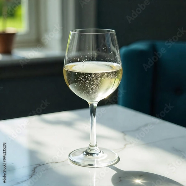 Fototapeta A wine glass with white wine on a marble table, window in the background
