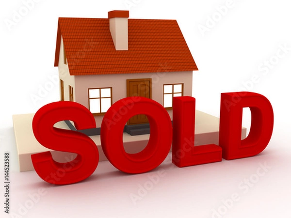 Fototapeta 3d illustration. small house with a red roof and inscription sold