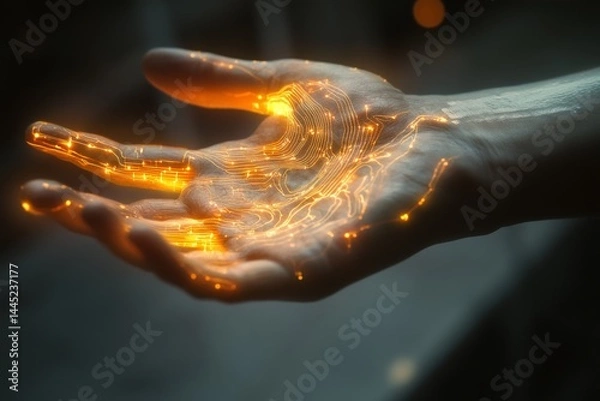 Obraz A glowing, circuit-patterned hand highlights a fusion of technology and humanity in this futuristic depiction.