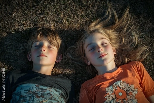 Fototapeta Two children lie on grass, eyes closed, basking in the warmth of sunlight, embodying serenity and innocence on a lazy afternoon.
