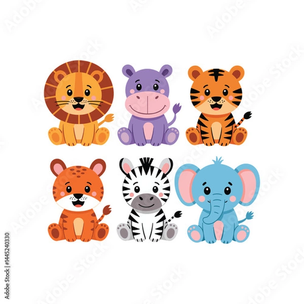 Fototapeta A set of cute vector illustrations in a simple childish style. Safari animals. Cute tiger, lion cub, elephant cub and hippo, zebra isolated on white background