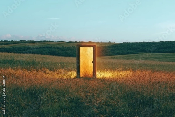 Obraz A mysterious glowing door stands in a vast field, inviting curiosity and wonder against the backdrop of a serene landscape.