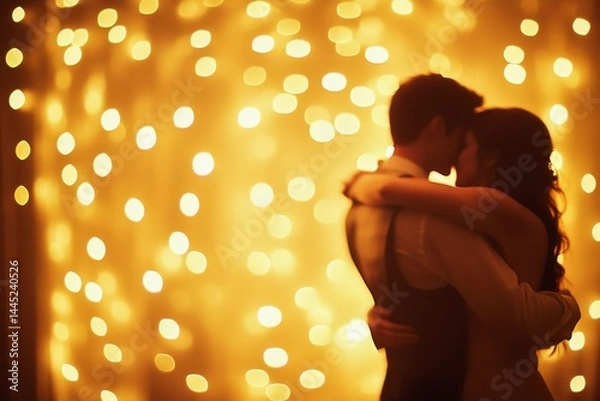 Obraz A couple dances closely under a cascade of warm golden lights, immersed in romance and elegance.