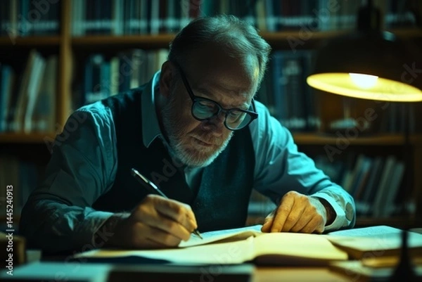 Obraz An elderly man intensely writing under the glow of a classic lamp in a library, encapsulating a scholarly dedication.