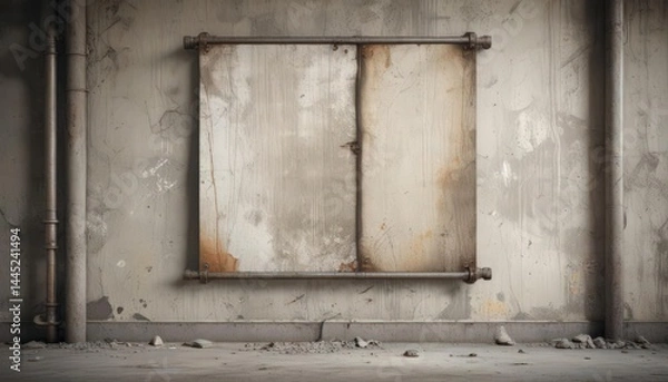 Fototapeta Torn poster mockup on weathered concrete with exposed pipes  Rustic industrial setting , background, grunge