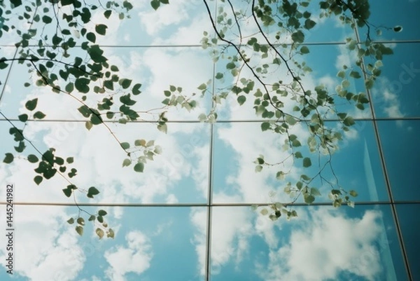 Obraz Glass facade reflects sky and tree branches, merging natural and urban elements in a beautiful symphony of transparency and tranquility.
