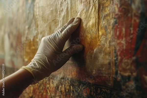 Fototapeta Gloved hands gently explore the texture of an ancient mural, emphasizing the art of preservation and respectful touch.