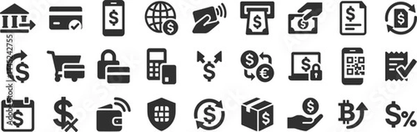 Obraz Financial transactions glyph icon set. Vector pictograms of terminal, secure, split, currency exchange, confirmation, scheduled, deposit, invoice, billing, black sign silhouette illustration.