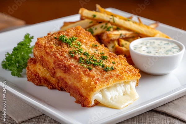 Fototapeta Vyprážaný Syr – Crispy Breaded Edam Cheese with Fries & Tartar Sauce