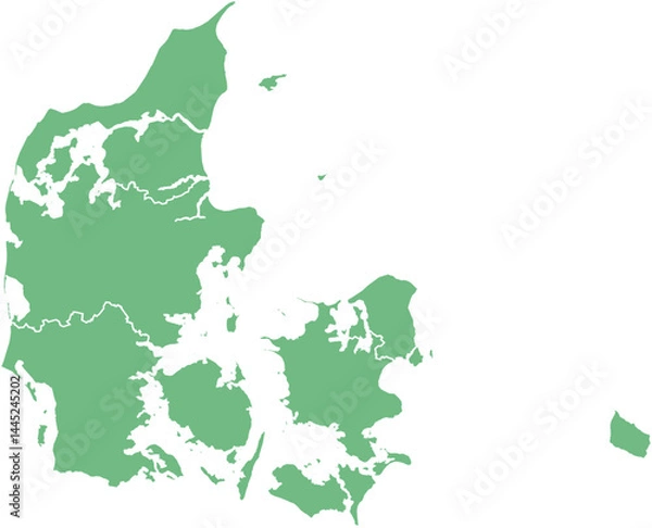 Fototapeta Vector map of Denmark showing all regions with clearly defined borders and country outline. Green color scheme with white contours. Perfect for educational, infographic, and professional use.