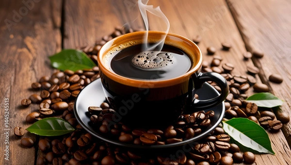 Fototapeta A cup of black coffee surrounded by roasted coffee beans and fresh green coffee leaves, creating a rich and aromatic composition