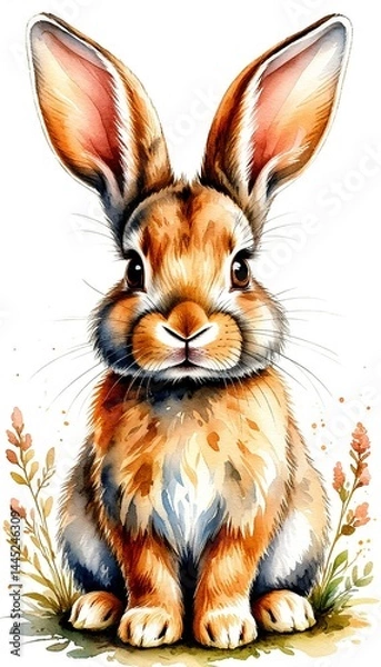 Fototapeta Watercolor portrait of cute rabbit isolated on white background. Character design, ai generation