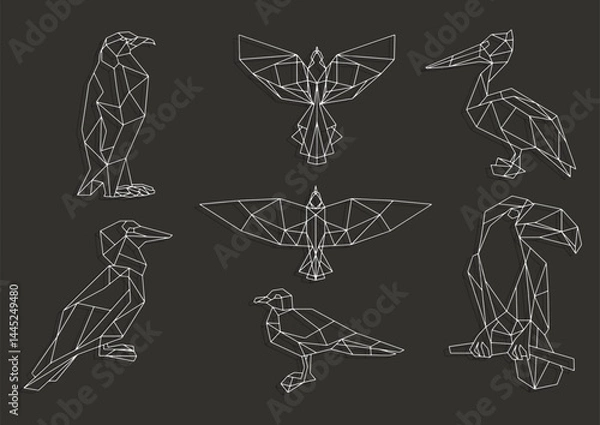 Fototapeta Bird triangular icon set. Penguin, toucan, seagull, pelican. Bird triangular icon set, geometric trendy line design. Vector illustration for tattoo or coloring book.