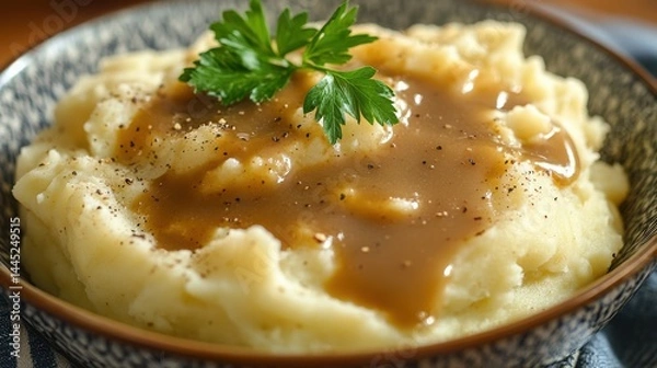 Fototapeta Creamy mashed potatoes topped with savory gravy and parsley garnish