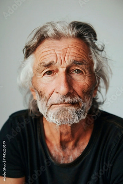 Obraz AI-generated photo of a handsome Slovenian mature man with gray hair looking at a camera.  Close up portrait
