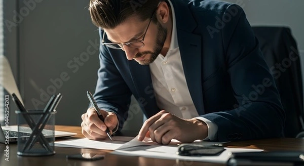 Obraz Focused Professional in Office: A concentrated business professional, wearing eyeglasses and a smart suit, meticulously reviews and makes notes on important documents at a modern desk.