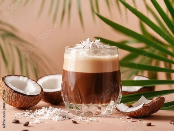 Obraz Tropical-inspired setup with coconut coffee in a glass, garnished with coconut flakes and leaves