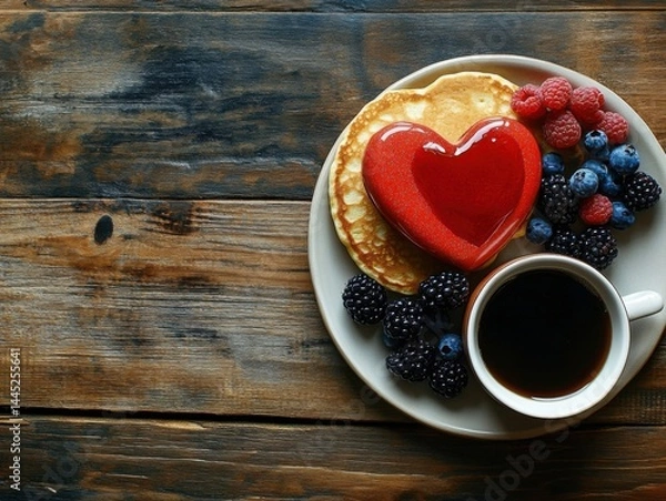 Obraz Minimalist Valentine's Day breakfast: heart-shaped pancakes, berries, and coffee on a wooden table