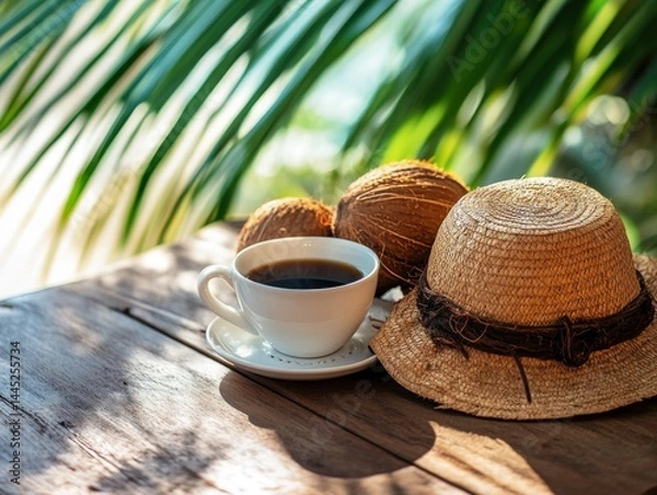 Obraz A vibrant beachside table with coconut coffee, fresh coconuts, and a straw hat, warm and inviting