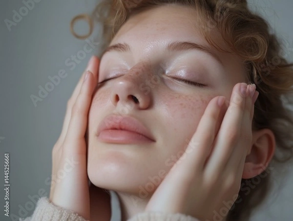 Fototapeta Calm morning skincare routine with a person gently massaging their face, emphasizing a simplified approach
