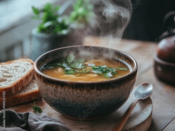 Obraz Cozy scene featuring a bowl of steaming bone broth, garnished with fresh herbs, accompanied by a slice of seeded bread