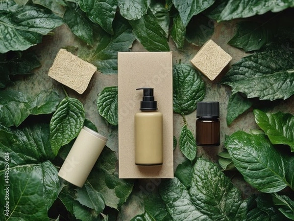 Obraz Flat lay of minimal skincare essentials with eco-friendly packaging, surrounded by fresh green leaves