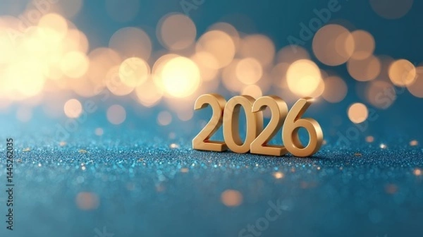 Fototapeta Golden 3D numbers 2026 on sparkling blue glitter background, luxurious New Year celebration scene with festive golden bokeh particles and magical night atmosphere, 3D, Copy Space, Isolated..