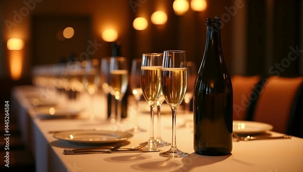 Fototapeta Elegant corporate celebration setup featuring a row of champagne flutes and beer bottles on a banquet table, warm ambient lighting, and empty space for text.