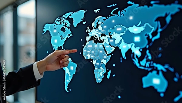 Fototapeta Global trade analysts evaluating trade imbalance metrics on interactive touchscreen world map charting import export disparities between major economies in  Photo Stock  Concept  and empty space on th