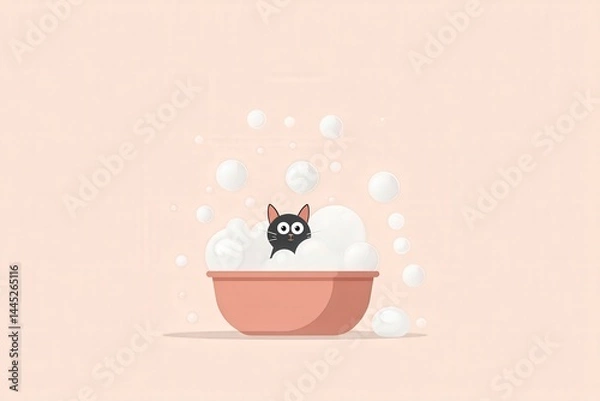 Fototapeta Flat Illustration of Cat Sitting in Tub Covered with Thick Soap Bubbles, Only Ears and Eyes Visible, Minimalist Pastel Scene, Soft Cute Design, Vector Design, Isolated...