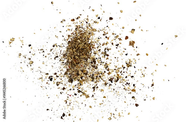 Obraz Scattered pile black ground pepper isolated on a transparent background. Completely in focus. Full depth of field. Top view. PNG.