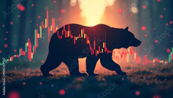 Fototapeta Stylized Bear Market Concept: Creative Stock Photo Featuring Bear Silhouette Overlaid on Stock Price Decline with Transparent Background and Empty Space for Custom Text