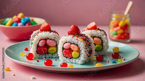 Fototapeta Colorful candy sushi with jelly beans and strawberries on pink background