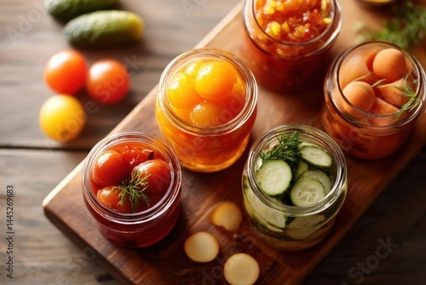 Fototapeta Assorted vegetable preserves jars on rustic wooden board, cozy country kitchen scene, natural warm sunset light, artisanal farm lifestyle concept, Selective Focus..