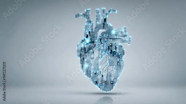 Obraz Futuristic 3D-rendered human heart constructed from glowing digital circuits, symbolizing medical technology, AI, and innovation in healthcare.
