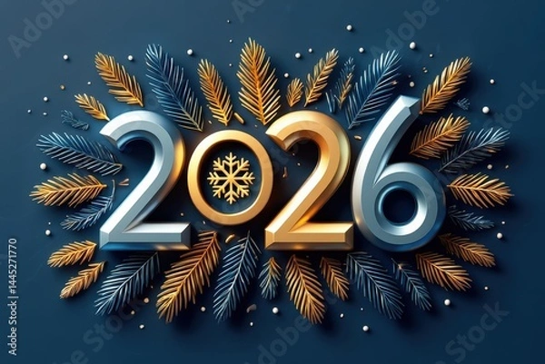 Fototapeta 3D Happy New Year 2026 card with silver and gold metallic numbers, golden snowflake centerpiece, dark blue festive background with metallic pine branches and snowfall, 3D, Copy Space, Isolated