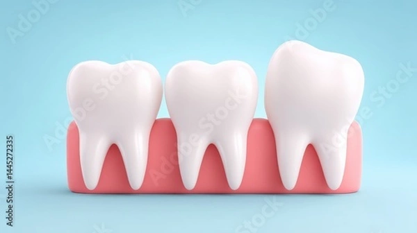 Fototapeta 3D Illustration of Impacted Wisdom Tooth Pressing Against Adjacent Molars in Gum Tissue, Educational Concept for Dental Issues and Oral Health, 3D, Copy Space, Isolated
