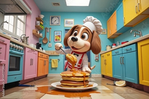 Fototapeta Adorable Cartoon Dog Chef Making Pancakes in Colorful Kitchen