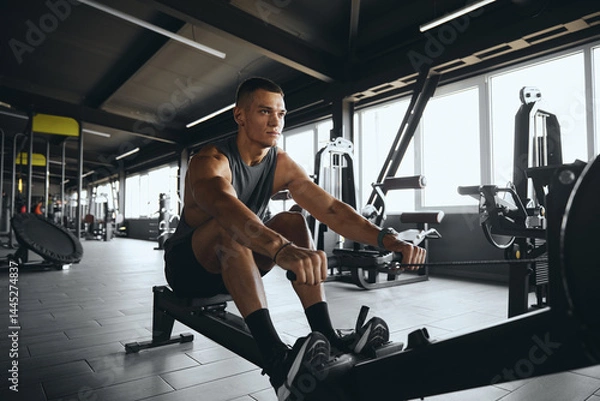 Obraz Determined attractive male using rowing machine in contemporary gym. Fit young man working out on rowing equipment at fitness center. Weight loss and cardio exercise concept