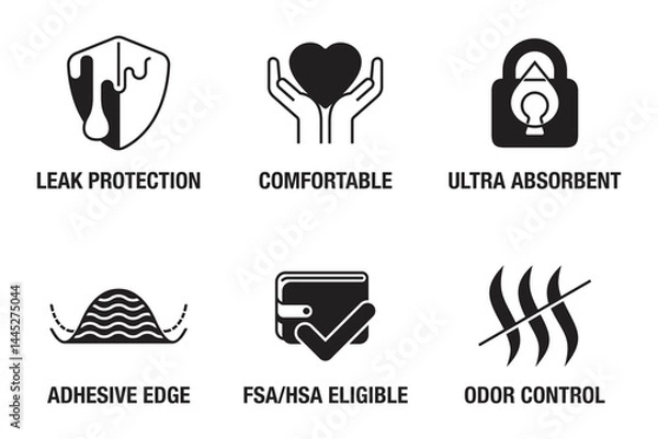 Fototapeta Panty liners properties icons set for labeling in monochrome style