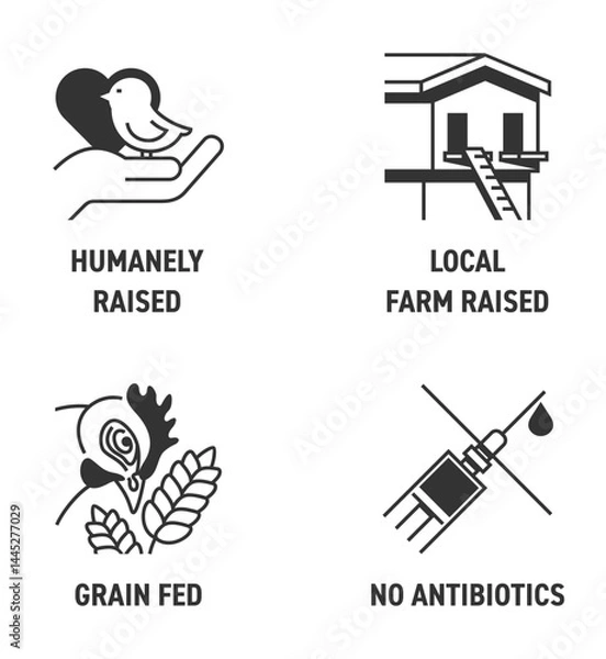 Fototapeta Meat quality icons - No antibiotics, Grain-fed, Local farm and Humanely raised, in monochrome style