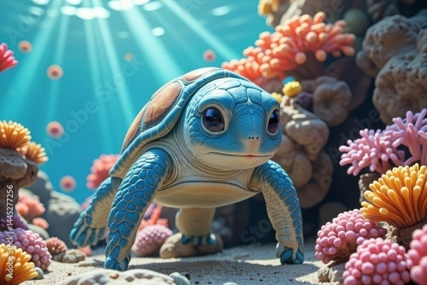 Fototapeta Adorable Baby Sea Turtle in Vibrant Coral Reef Underwater Scene 3D Render