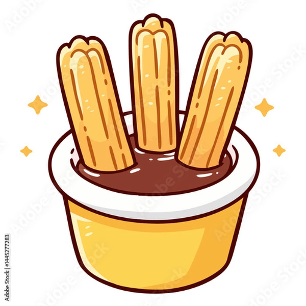 Fototapeta Crispy churros dipped in bowl of hot chocolate sauce cream, doodle isolated cute clean and simple cartoon vector illustration