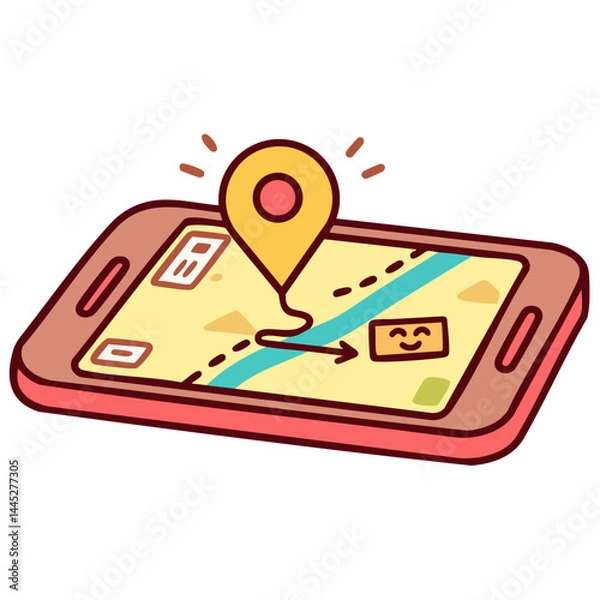 Obraz Map with a location pin, online gps parcel delivery tracking smartphone app, doodle isolated cute clean and simple cartoon vector illustration
