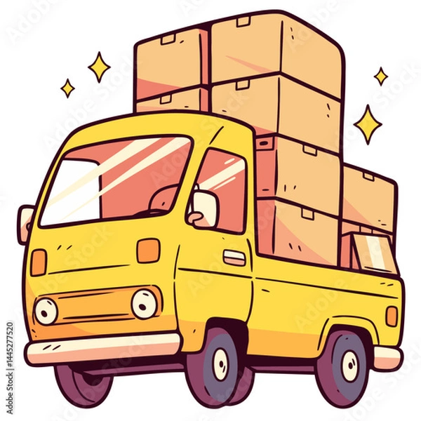 Obraz Truck van car loaded with cardboard shipping boxes, moving services or post parcel delivery, doodle isolated cute clean and simple vector illustration